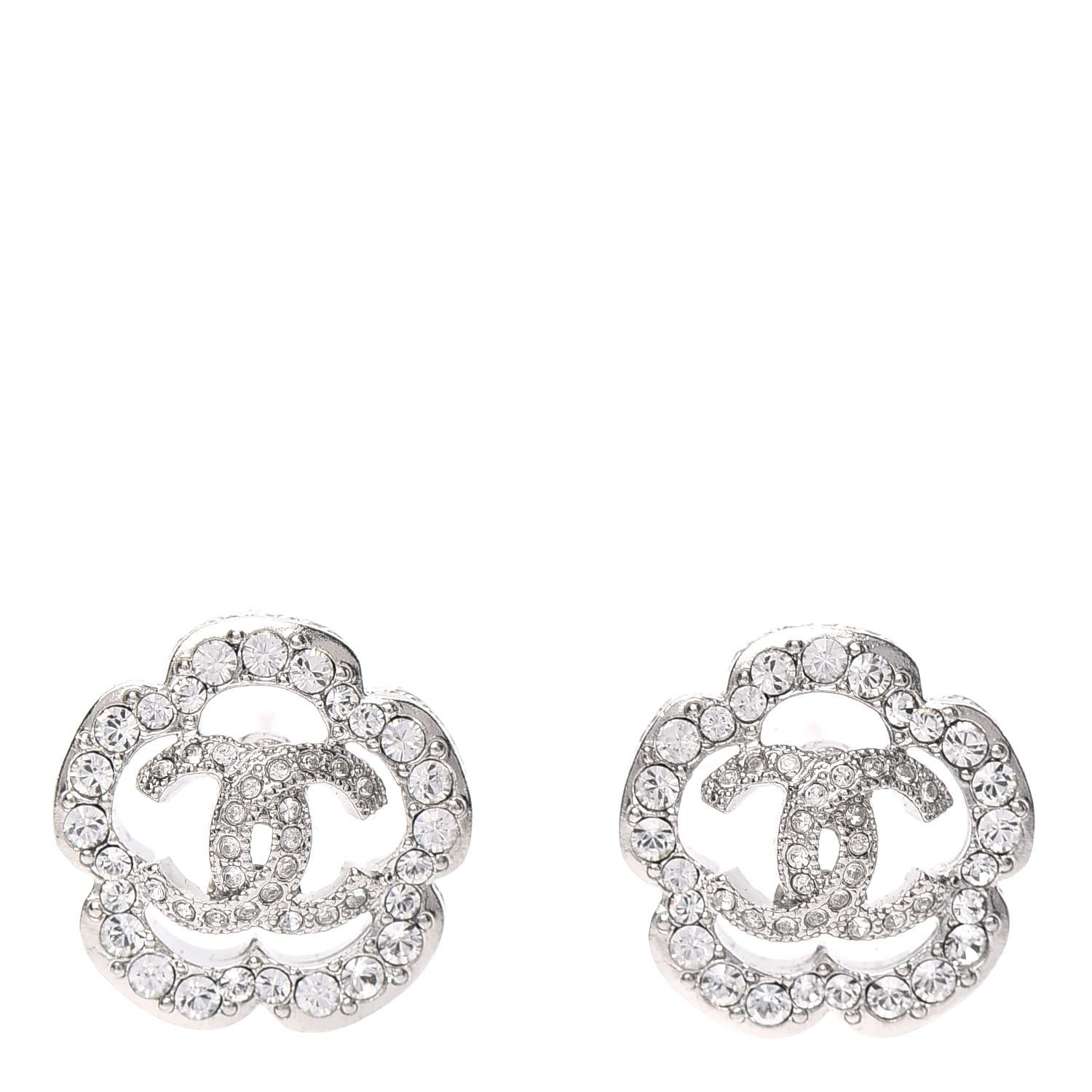 Chanel Crystal Coco Flapper Camellia CC Stud Earrings Silver 1 of 5