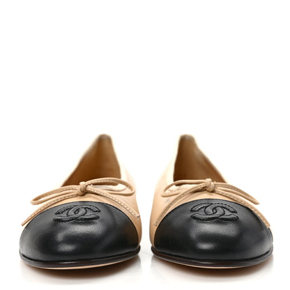 Chanel Lambskin Cap Toe CC Ballerina Flats 37 Beige Black 2 of 8