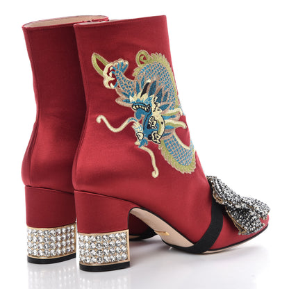 Gucci Silk Satin Malaga Kid Embroidered Candy Dragon Block-Heel Ankle Boot 38.5 Hibiscus Red 7 of 13