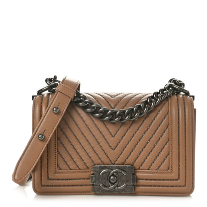 Chanel Calfskin Chain Chevron Small Boy Flap Dark Beige 1 of 12