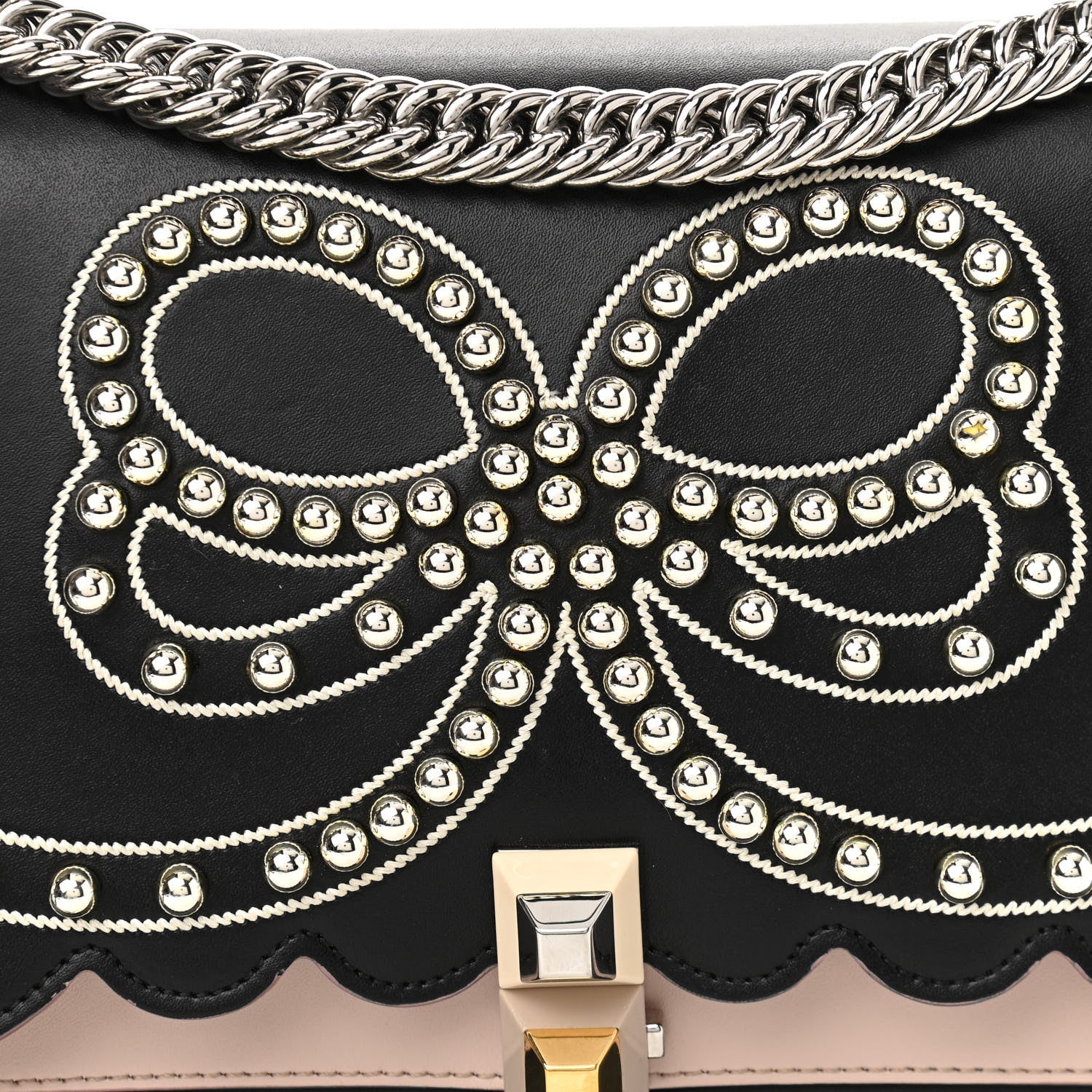 Fendi Vitello Liberty Pearl Bi-Color Flowers and Bow Scalloped Studded Kan I Shoulder Bag Black Soap 7 of 11