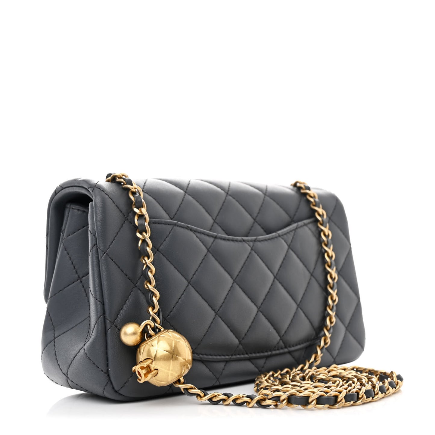 Lambskin Quilted Mini Rectangular Pearl Crush Flap Dark Grey
