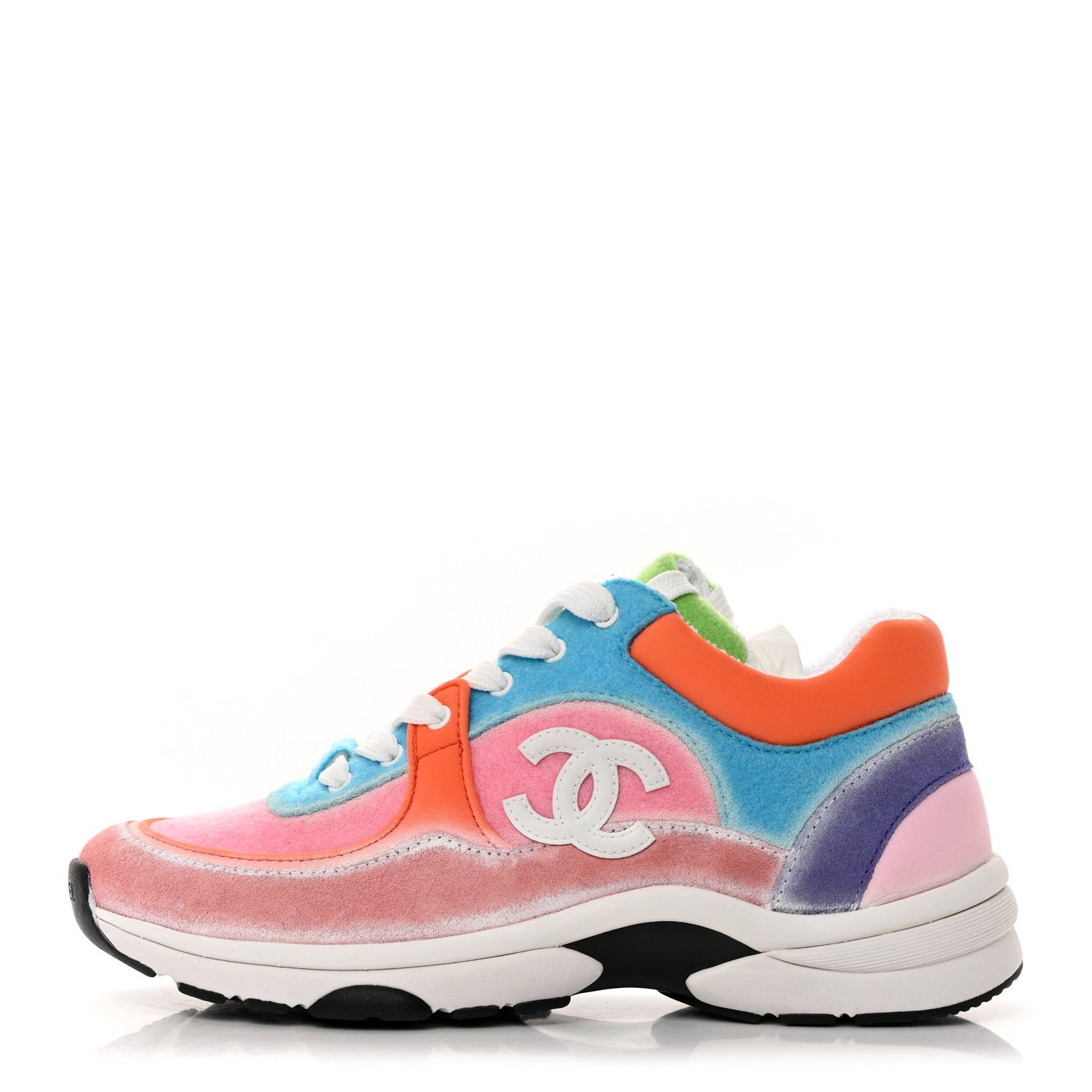 Chanel Nylon Lambskin Suede Calfskin CC Sneakers 37 Coral Light Blue White 1 of 9