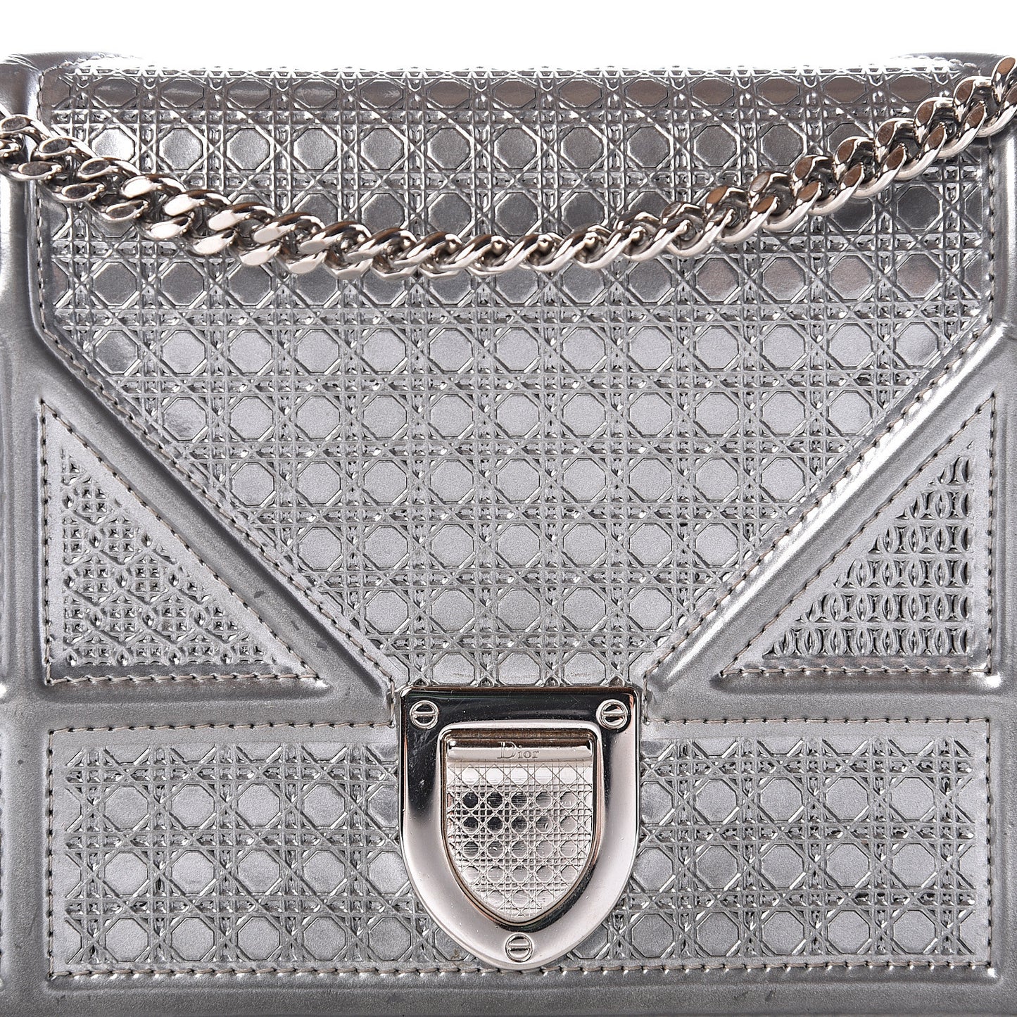 Metallic Patent Micro-Cannage Diorama Wallet on Chain Pouch Silver