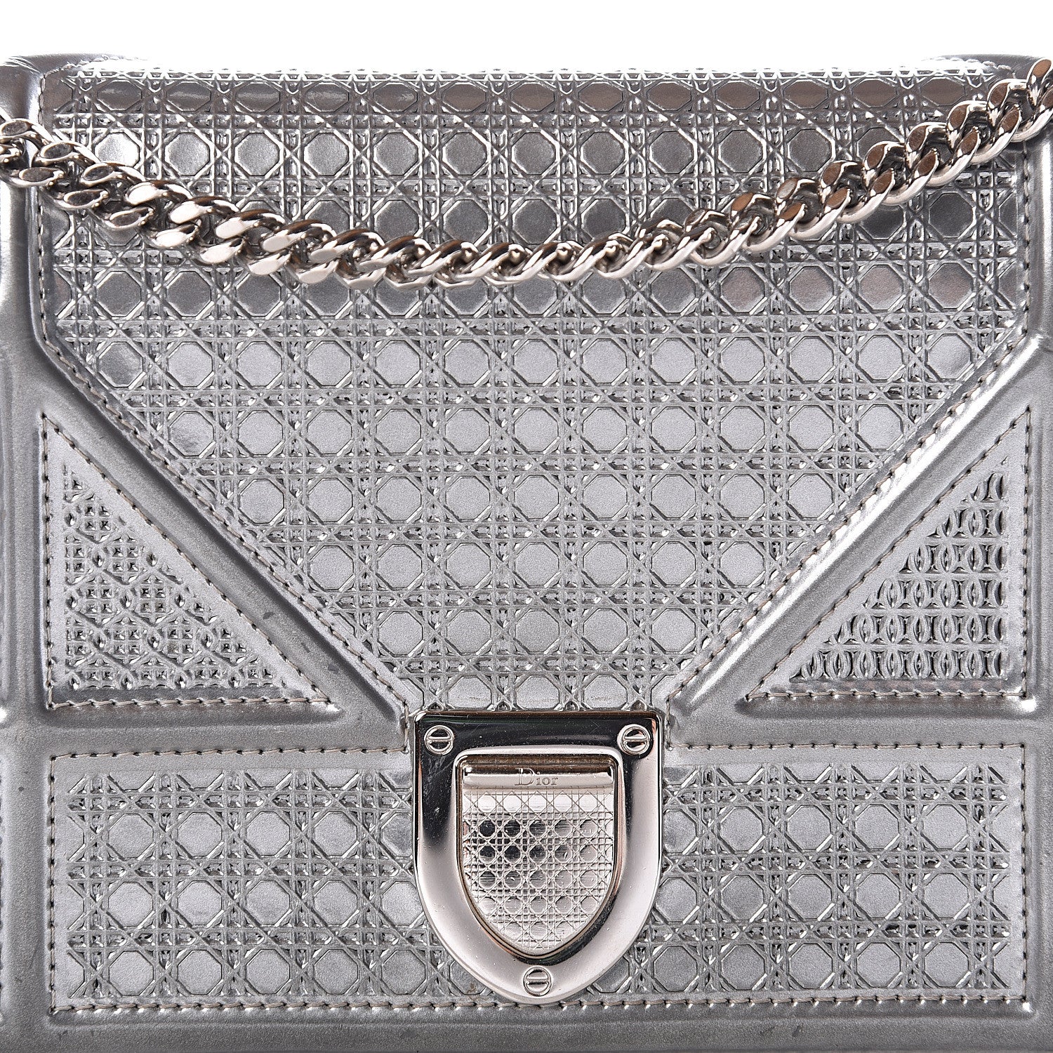 Christian Dior Metallic Patent Micro-Cannage Diorama Wallet on Chain Pouch Silver 9 of 9