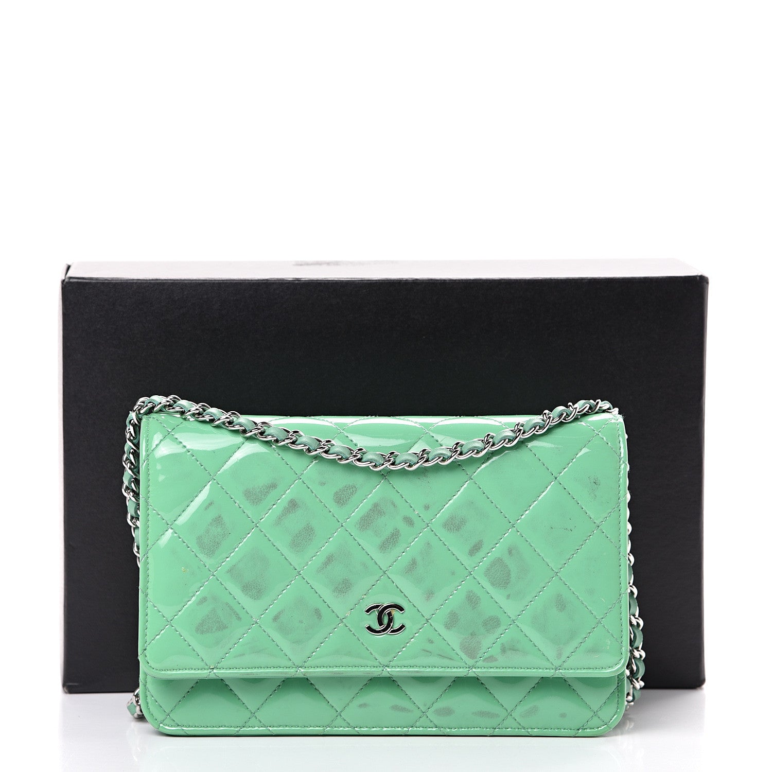 Chanel Patent Quilted Wallet On Chain WOC Green 18 of 18