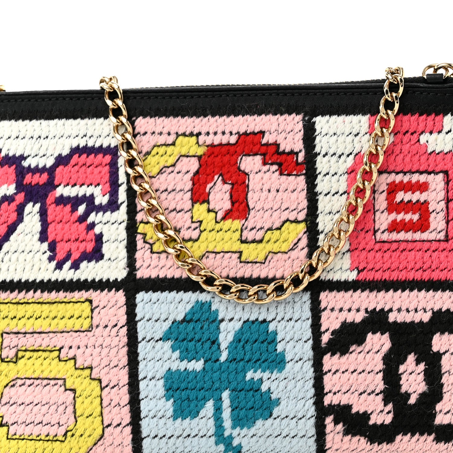 Chanel Needlepoint Precious Symbols Clutch Shoulder Bag Black 7 of 9