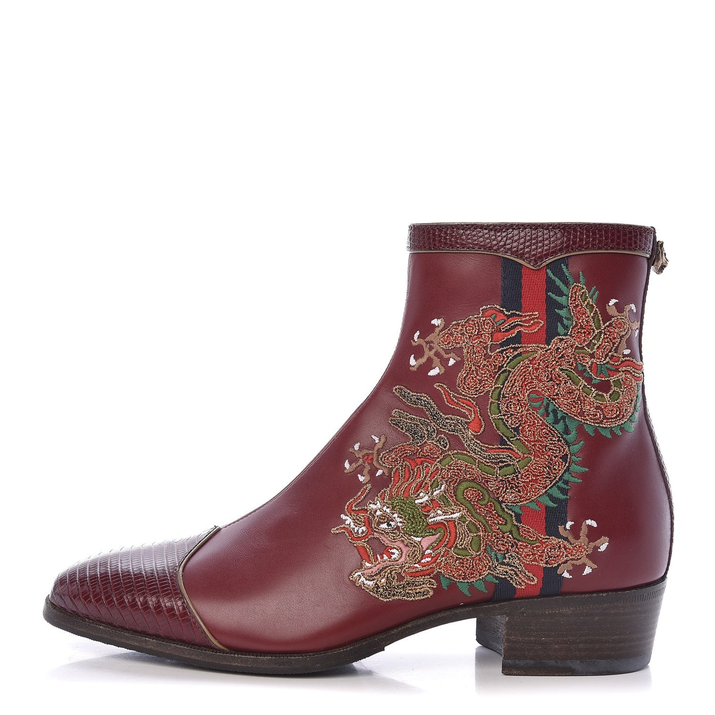 Calfskin Malaga Kid Lizard Web Dragon Embroidered Ankle Boots 35.5 Bordeaux