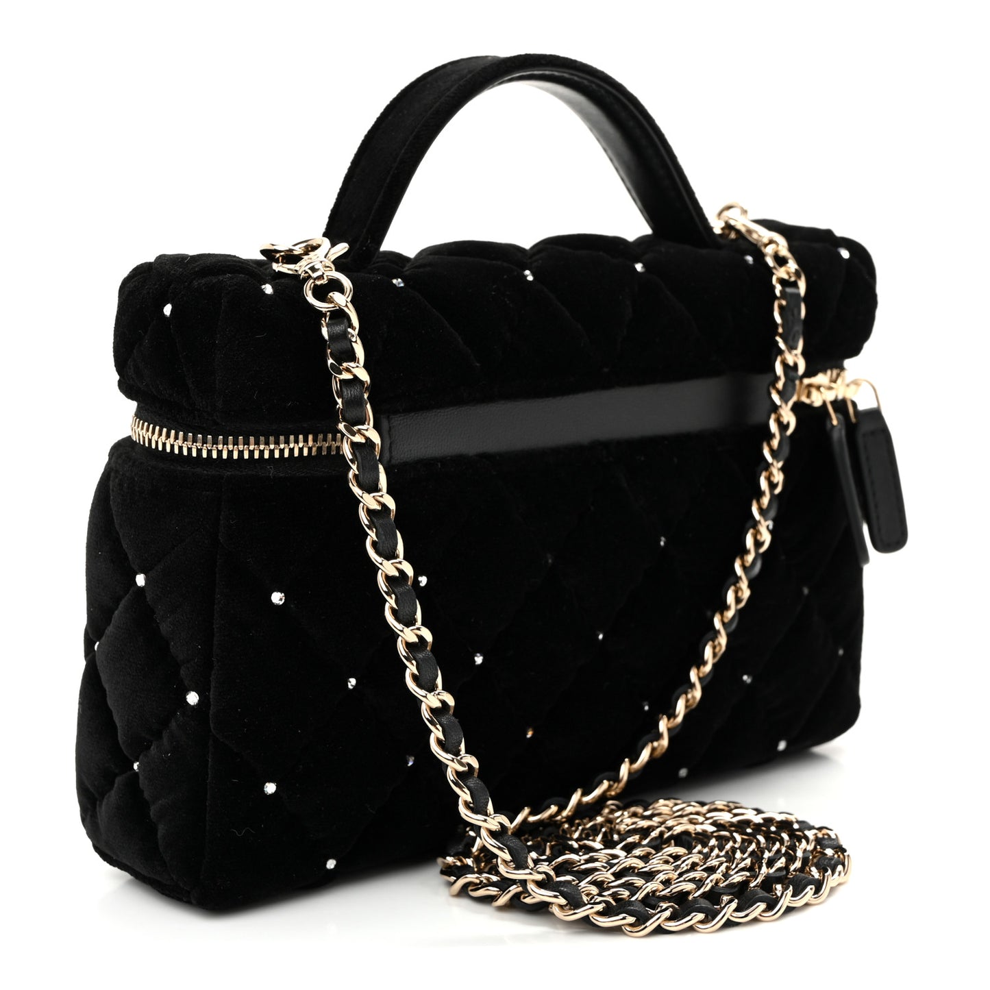 Velvet Diamanté Quilted Top Handle Slim Vanity Case With Chain Black