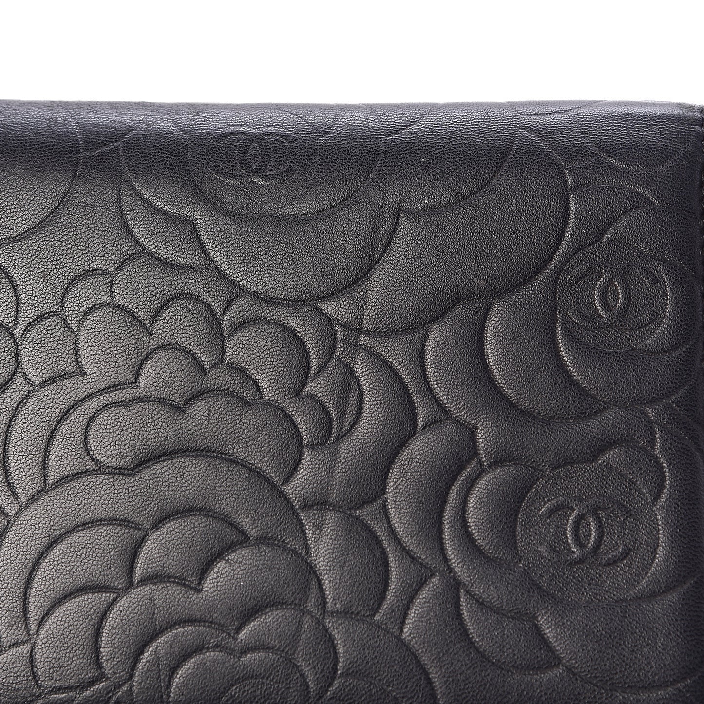 Lambskin Camellia Embossed Large Flap Wallet Black