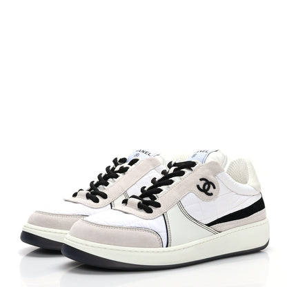 Chanel Suede Fabric Calfskin Womens CC Sneakers 38.5 White Light Gray 3 of 8