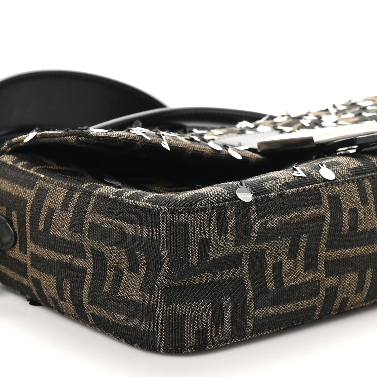 Fendi Fabric Jacquard F Paillettes Vitello Cover FF 1974 Embroidered Baguette Tobacco Moro Argento 9 of 10