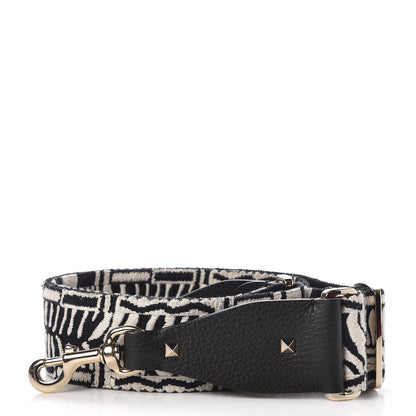 Valentino Garavani Canvas Zebra Embroidered Rockstud Guitar Strap Black White 1 of 4