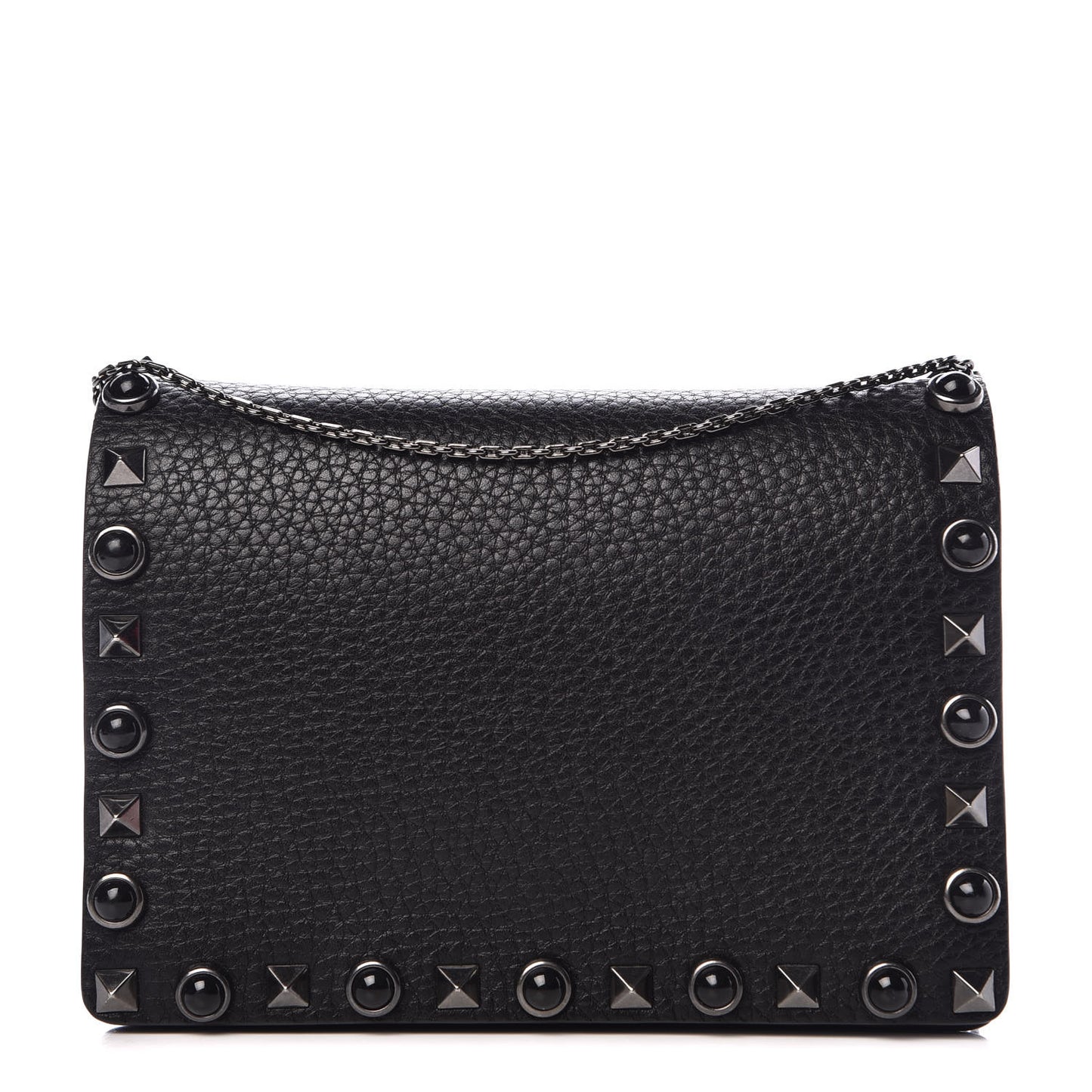Grained Calfskin Onyx Rockstud Rolling Wallet on Chain Black