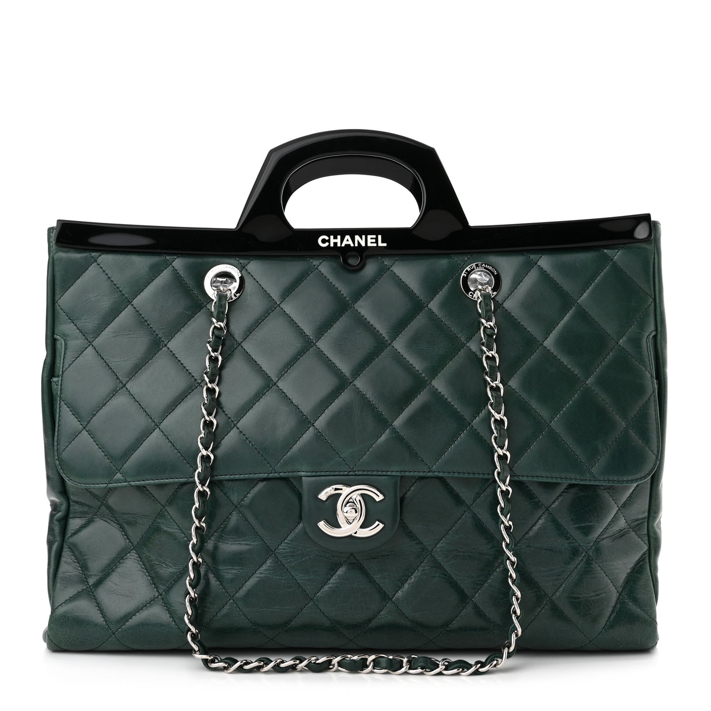 Glazed Calfskin Quilted Large CC Delivery Tote Green