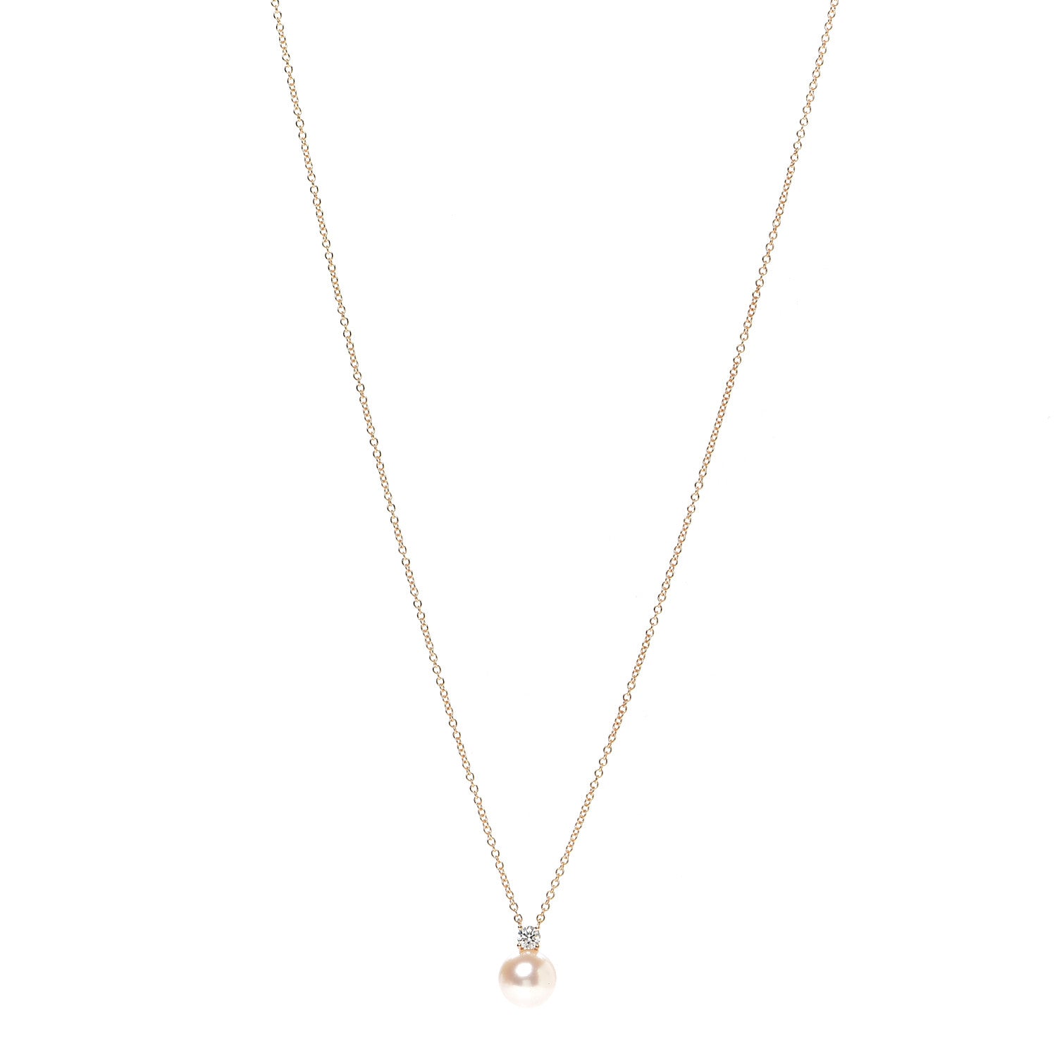 Tiffany 18K Rose Gold Diamond Akoya Pearl 7.5-8mm Signature Pendant Necklace 1 of 7