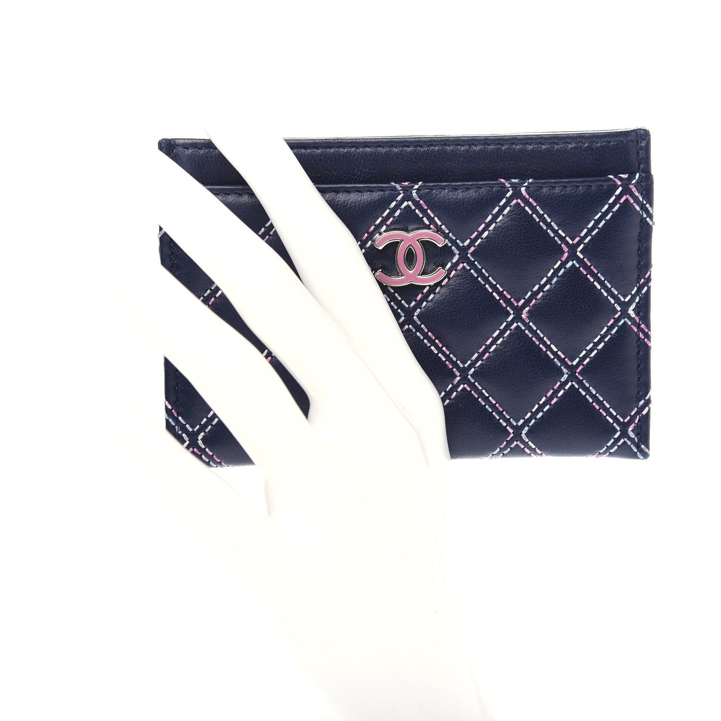 Lambskin Double Stitch Quilted Card Holder Navy Blue