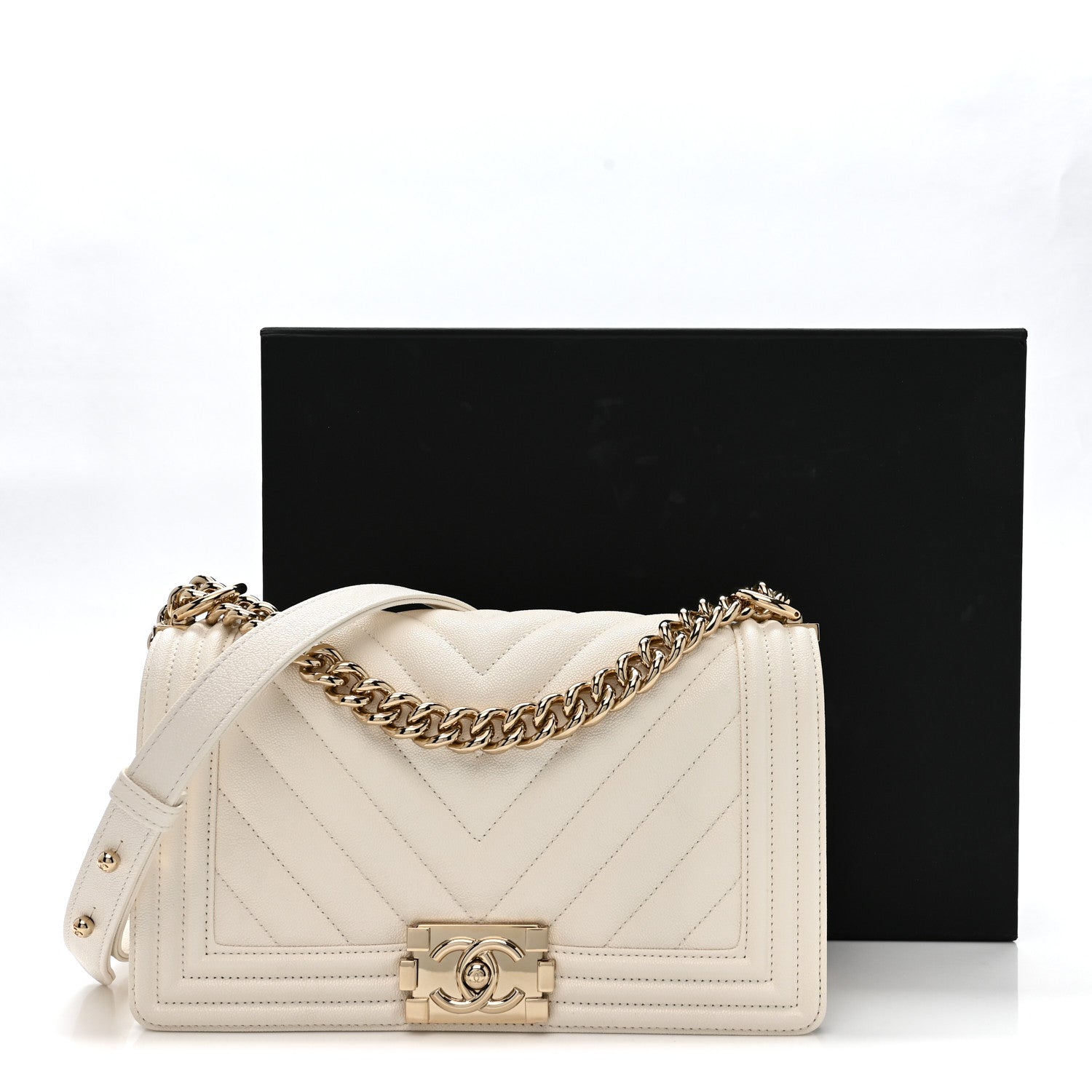 Chanel Caviar Chevron Quilted Medium Boy Flap White 11 of 11
