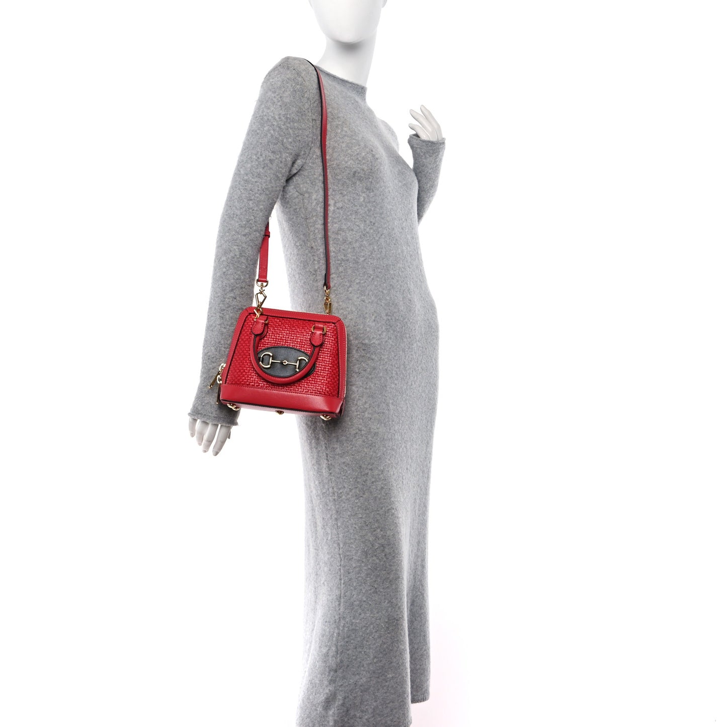 Straw Azalea Calfskin Woven Mini Horsebit 1955 Top Handle Bag Coral Wave Black