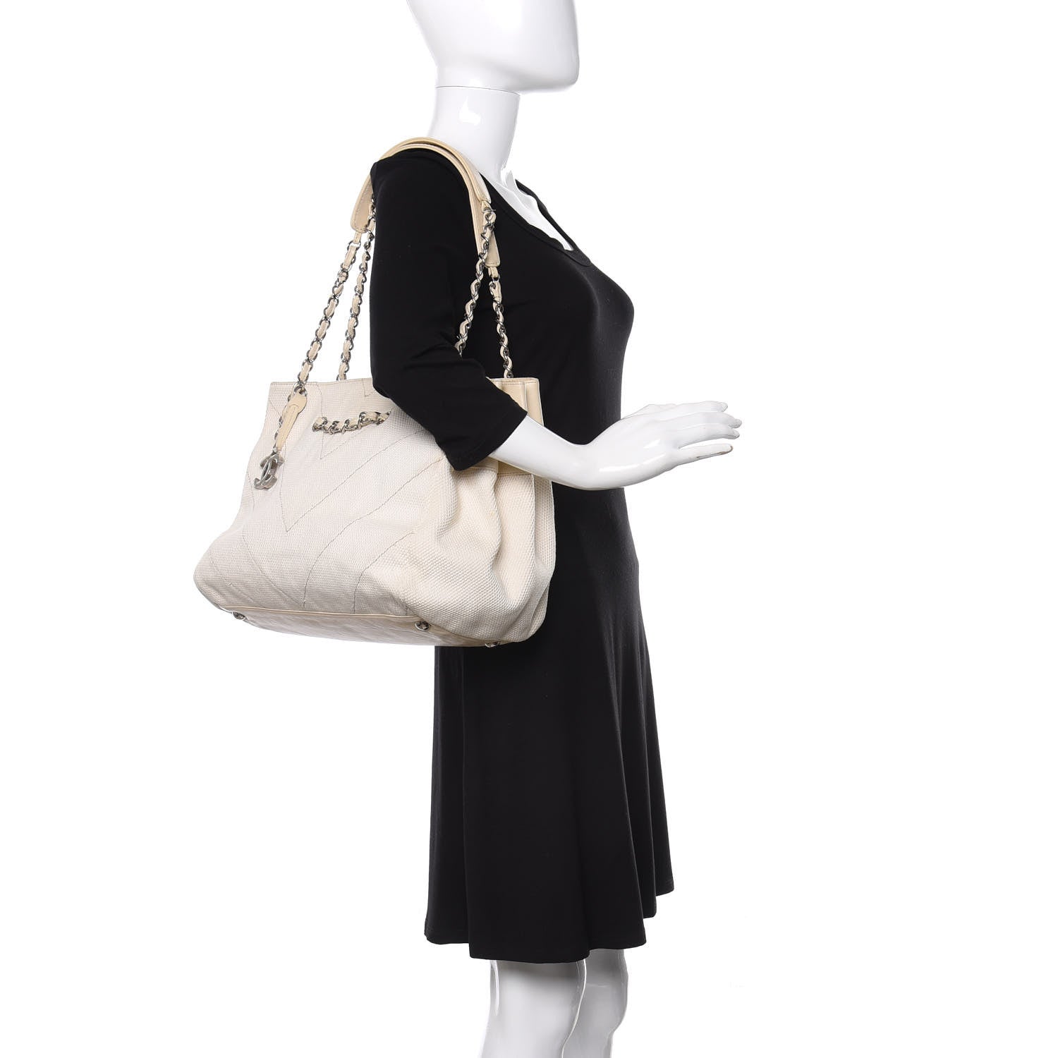 Chanel Canvas Chevron CC Shopping Tote White 2 of 11