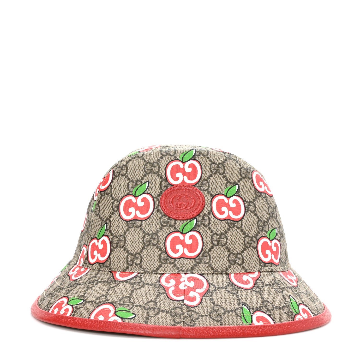 Gucci GG Supreme Monogram Apple Textured Dollar Calfskin Retro Interlocking G Fedora Pomme Bucket Hat XS Beige Ebony Red 2 of 8