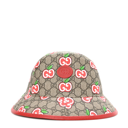 Gucci GG Supreme Monogram Apple Textured Dollar Calfskin Retro Interlocking G Fedora Pomme Bucket Hat XS Beige Ebony Red 2 of 8