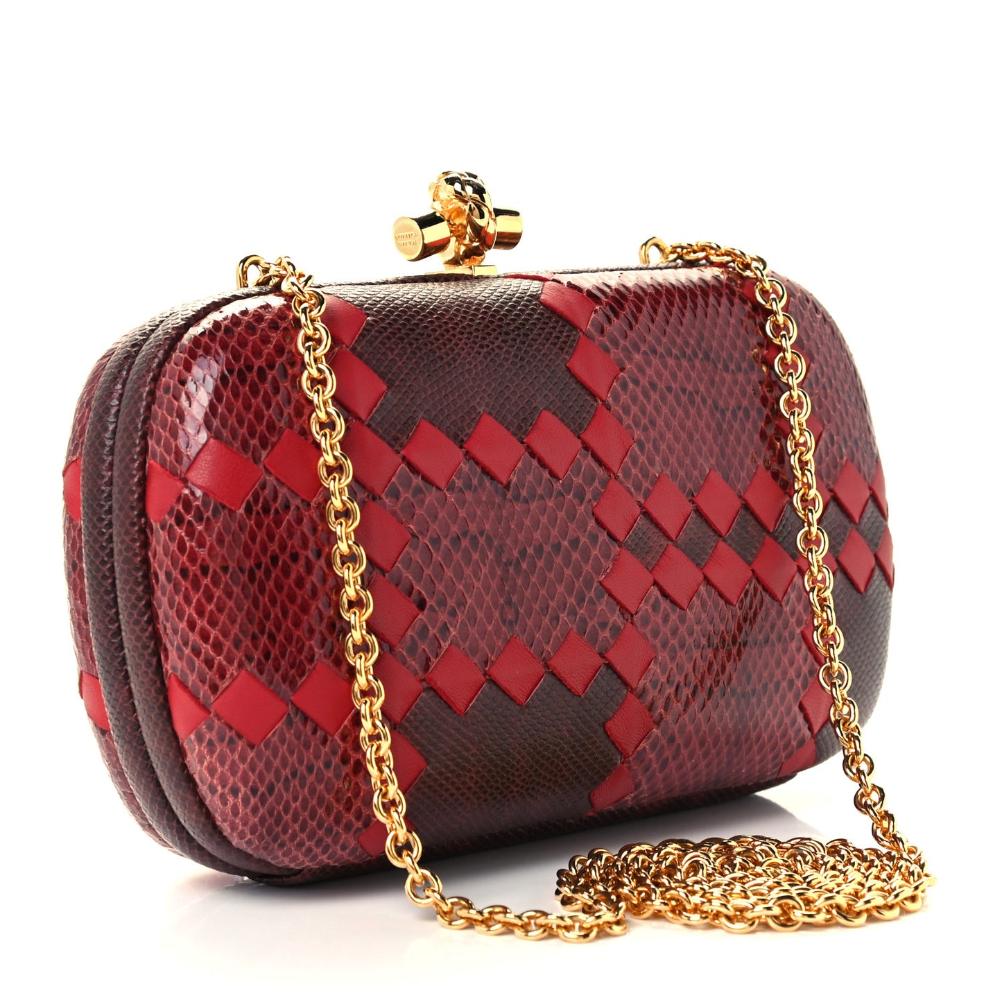 Snakeskin Nappa Intrecciato Chain Knot Clutch Bordeaux