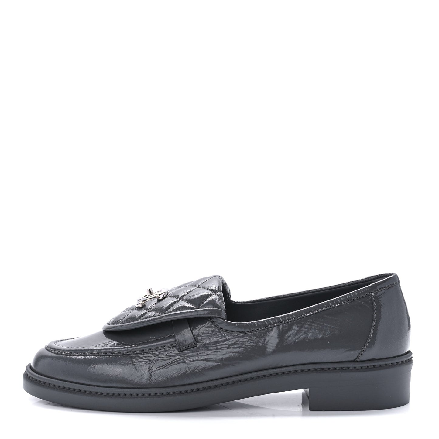 Crumpled Shiny Lambskin Quilted CC Turnlock Loafers 40.5 Dark Grey