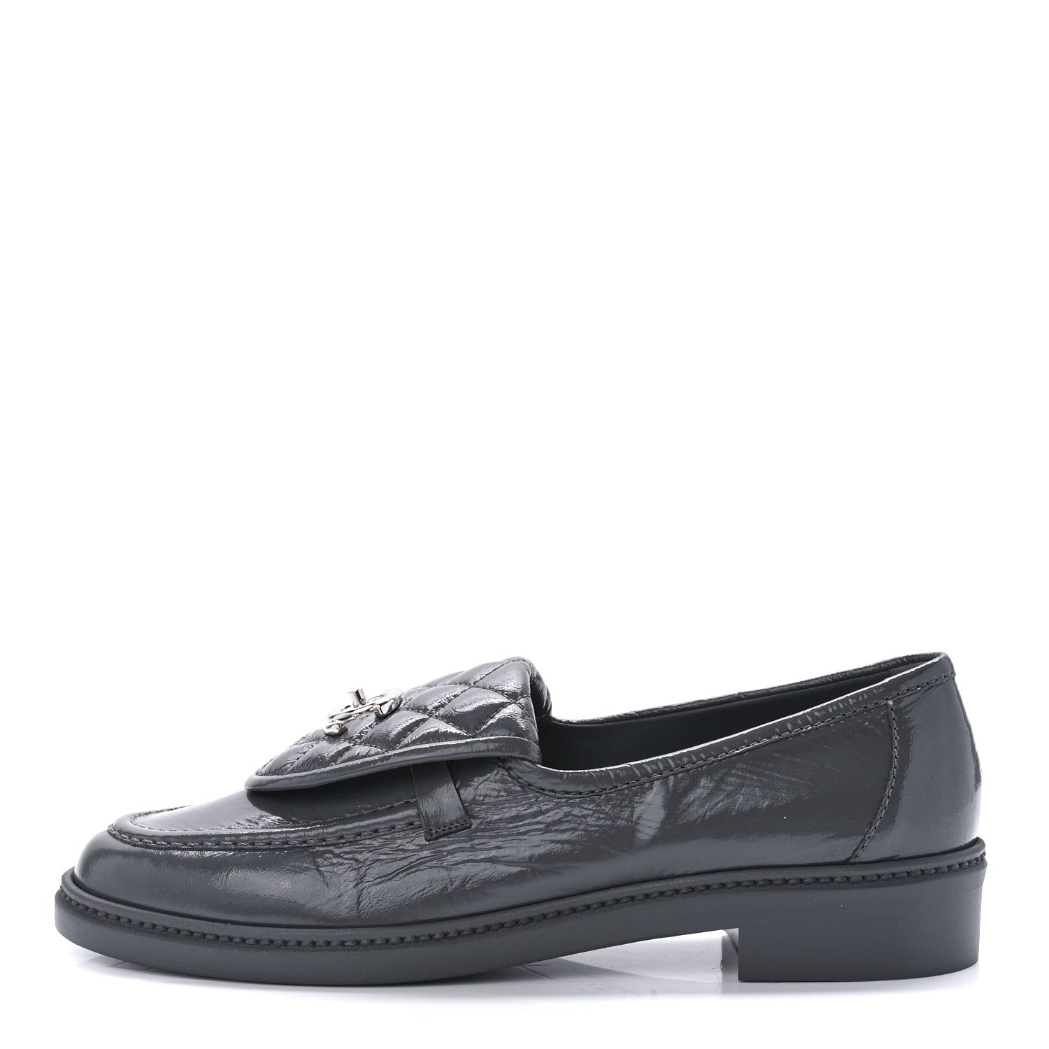 Chanel Crumpled Shiny Lambskin Quilted CC Turnlock Loafers 40.5 Dark Grey 1 of 10