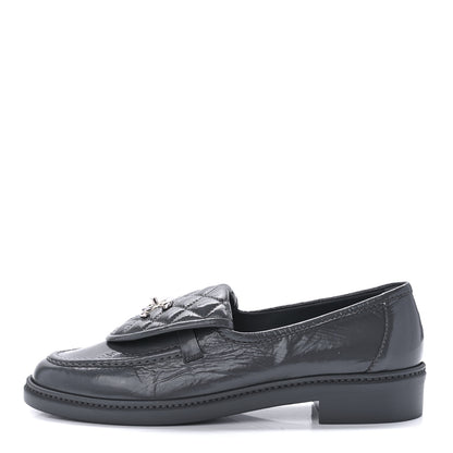 Chanel Crumpled Shiny Lambskin Quilted CC Turnlock Loafers 40.5 Dark Grey 1 of 10