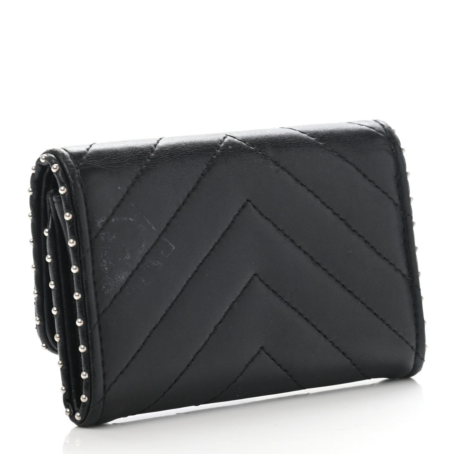 Lambskin Chevron Quilted Studded Flap Card Holder Black