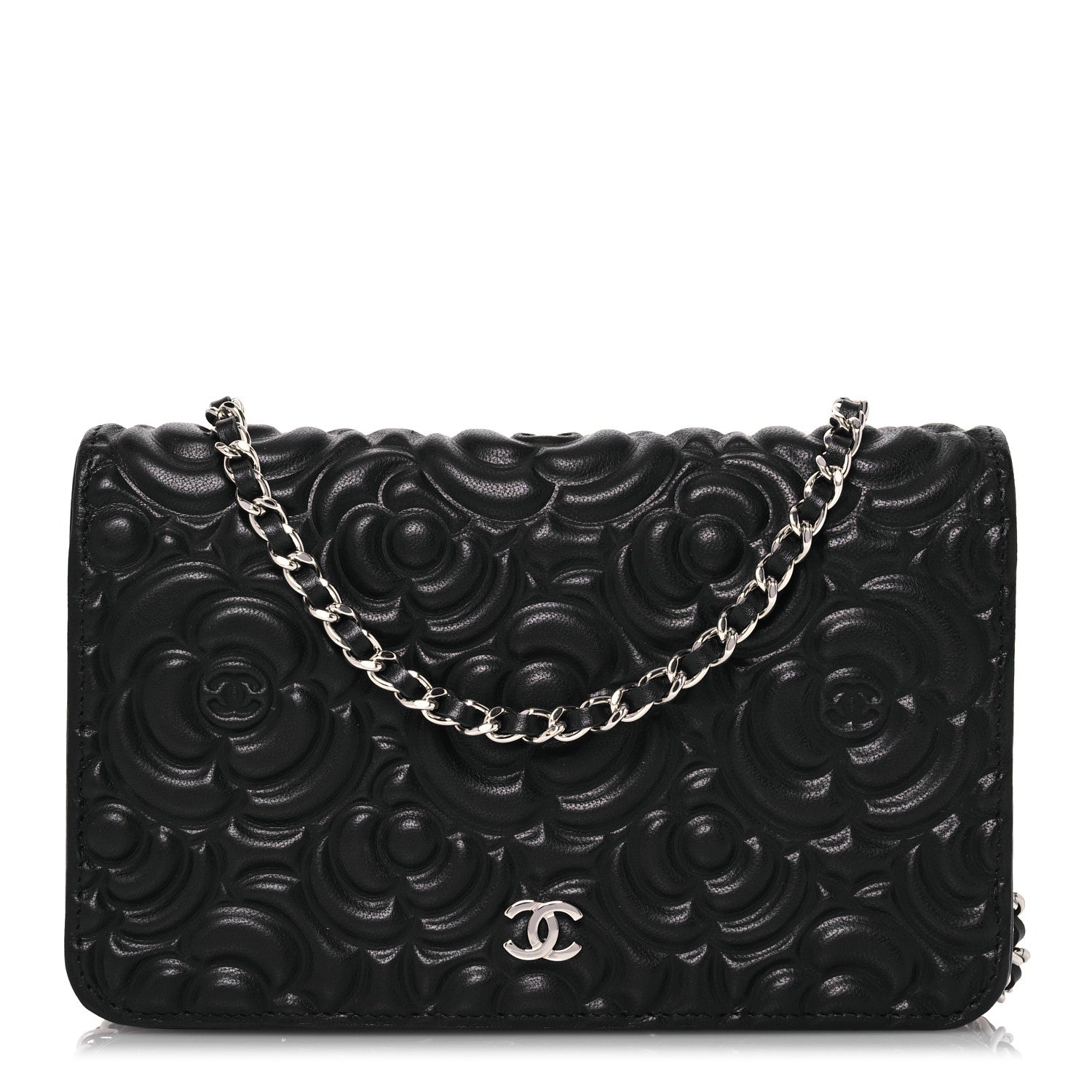 Chanel Lambskin Camellia Embossed Wallet On Chain WOC Black 1 of 16