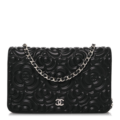 Chanel Lambskin Camellia Embossed Wallet On Chain WOC Black 1 of 16