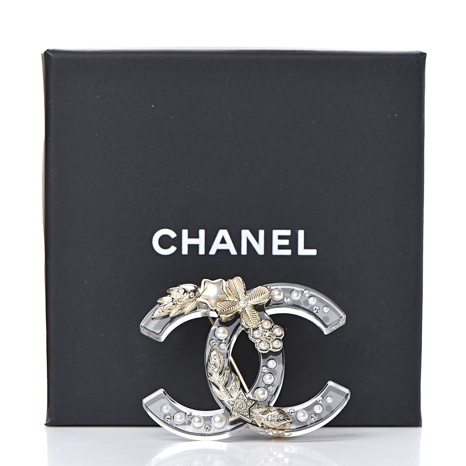 Chanel Resin Pearl Crystal CC Brooch Transparent Gold 6 of 6
