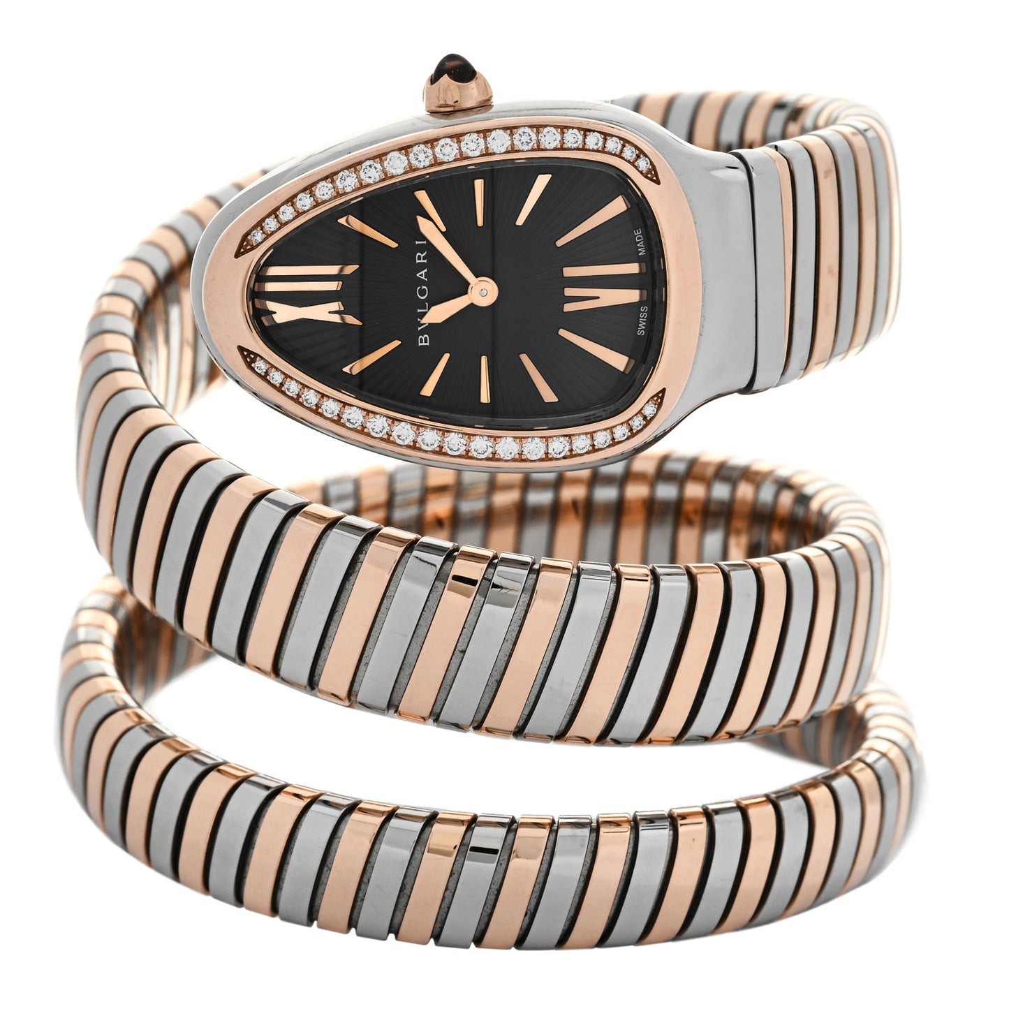 Stainless Steel 18K Rose Gold Diamond Bezel 35mm Serpenti Tubogas Double Spiral Quartz Watch Black
