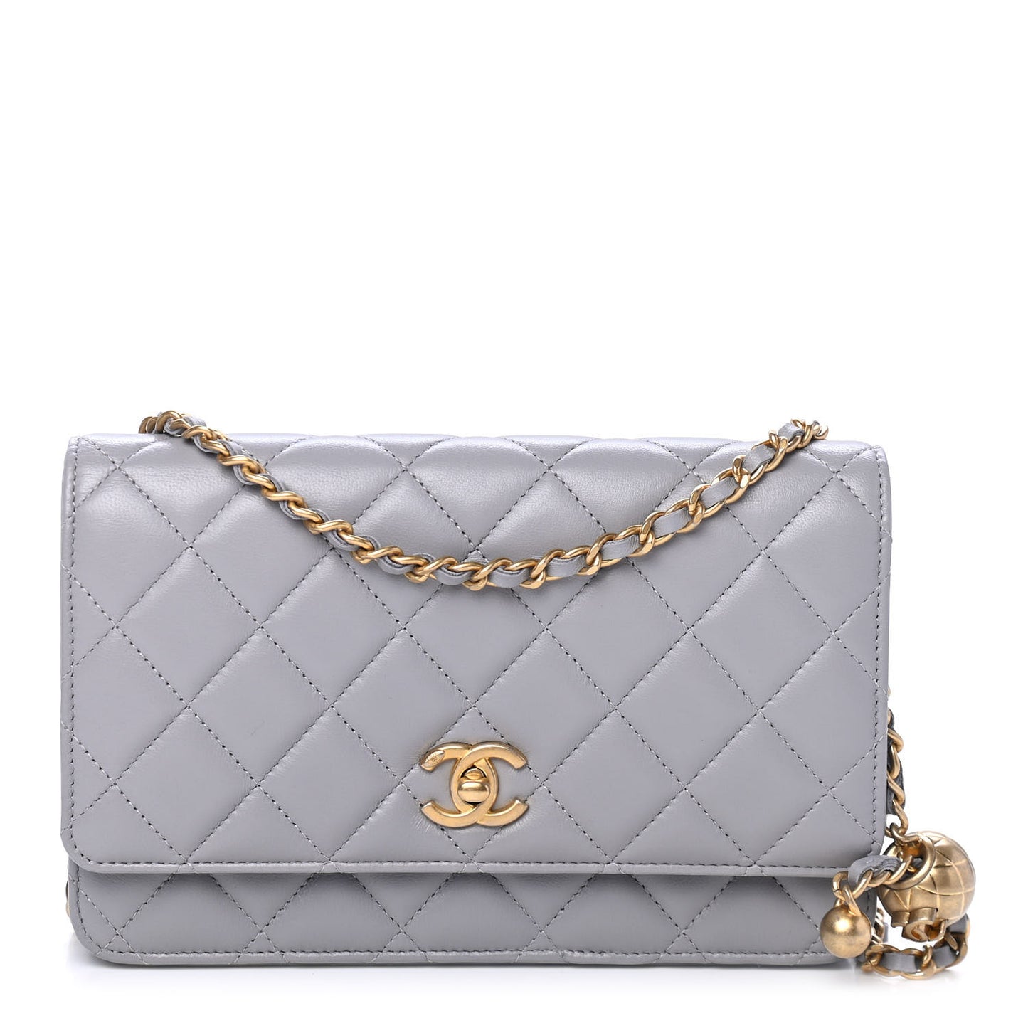 Lambskin Quilted CC Pearl Crush Wallet on Chain WOC Grey