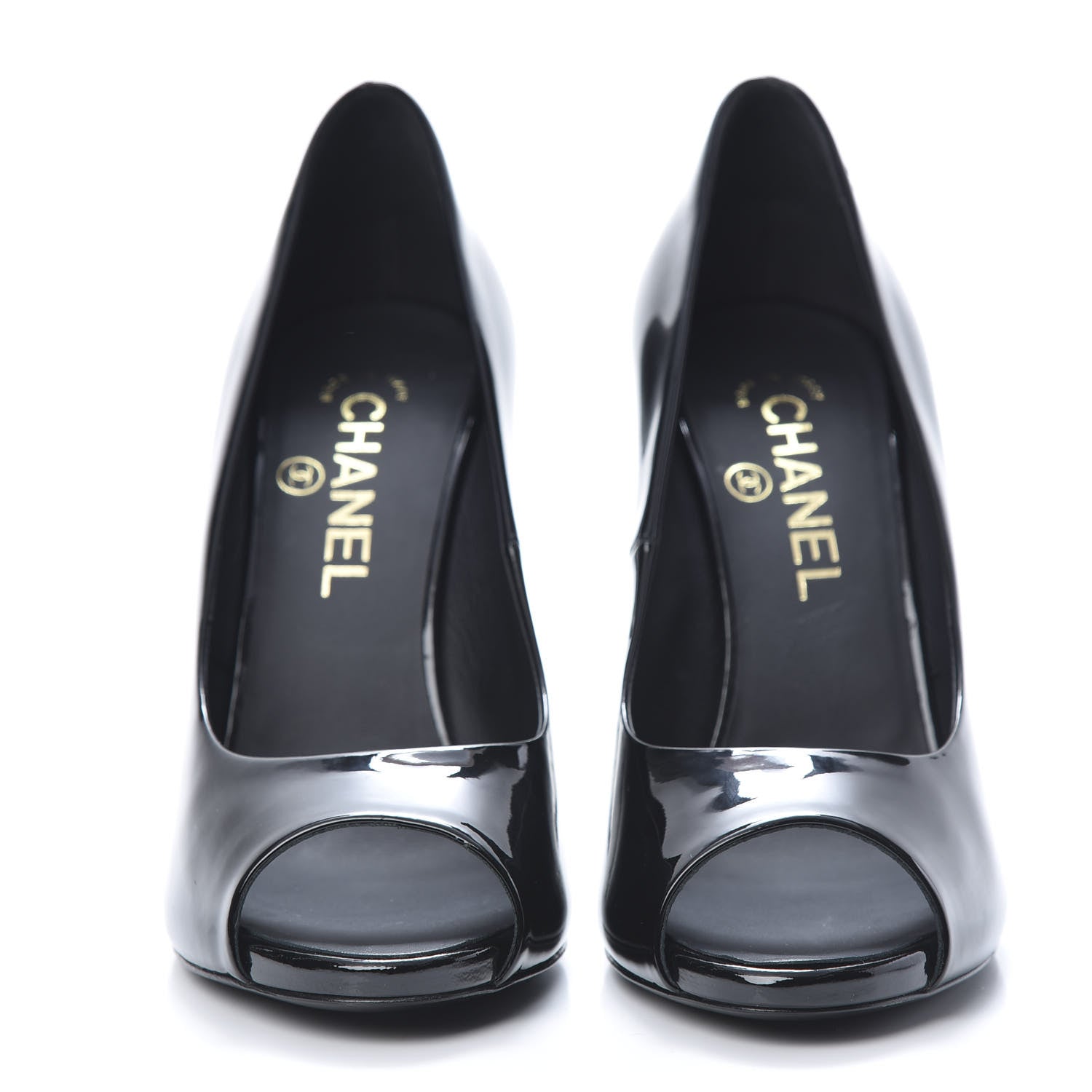 Chanel Patent Pearl Embellished Heel Peep Toe CC Pumps 38.5 Black 2 of 7