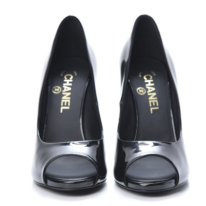 Chanel Patent Pearl Embellished Heel Peep Toe CC Pumps 38.5 Black 2 of 7