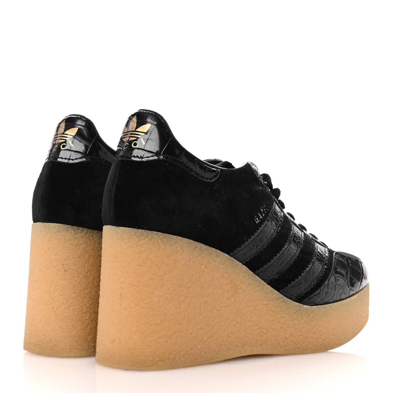 Gucci X ADIDAS Velvet Crocodile Embossed Gazelle Wedge Sneakers 36.5 Black 5 of 9