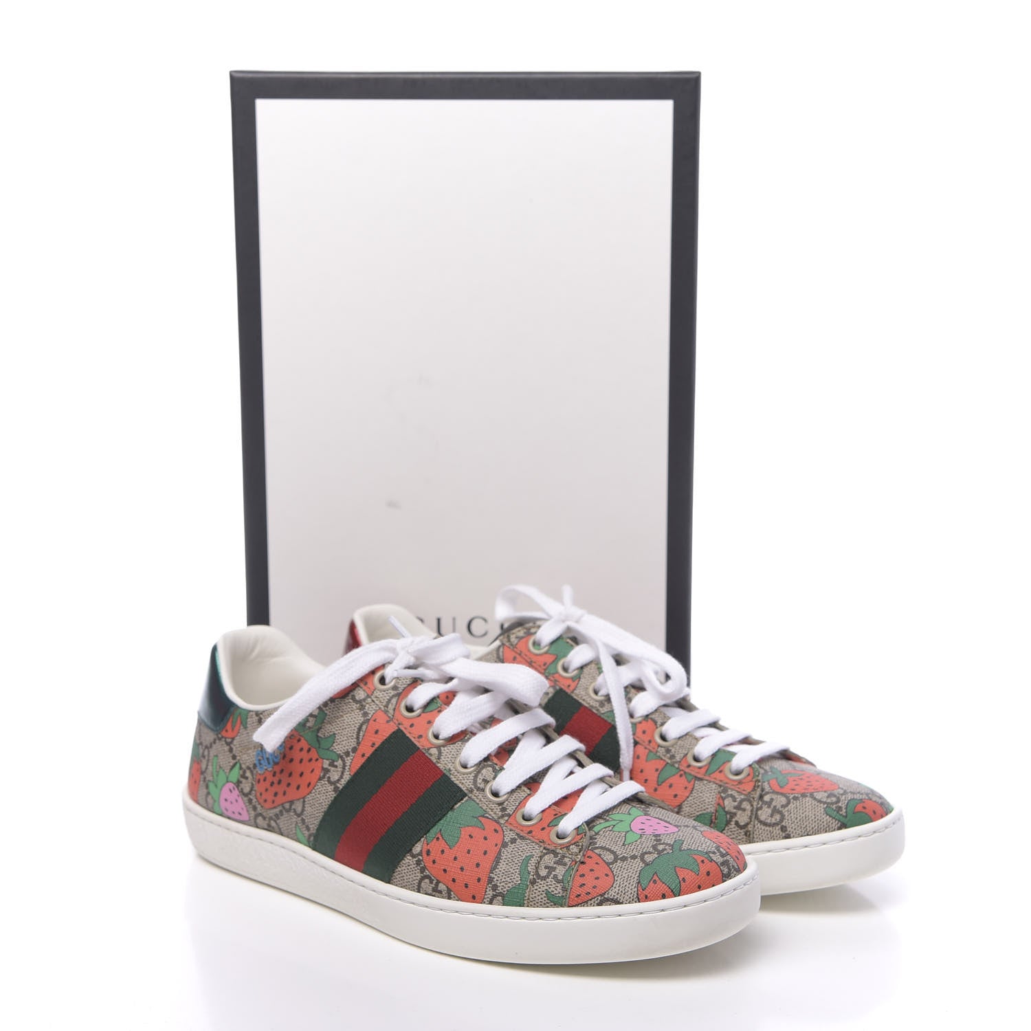 Gucci GG Supreme Monogram Strawberry Web Womens Ace Sneakers 36.5 Beige Multicolor Red Green 12 of 12
