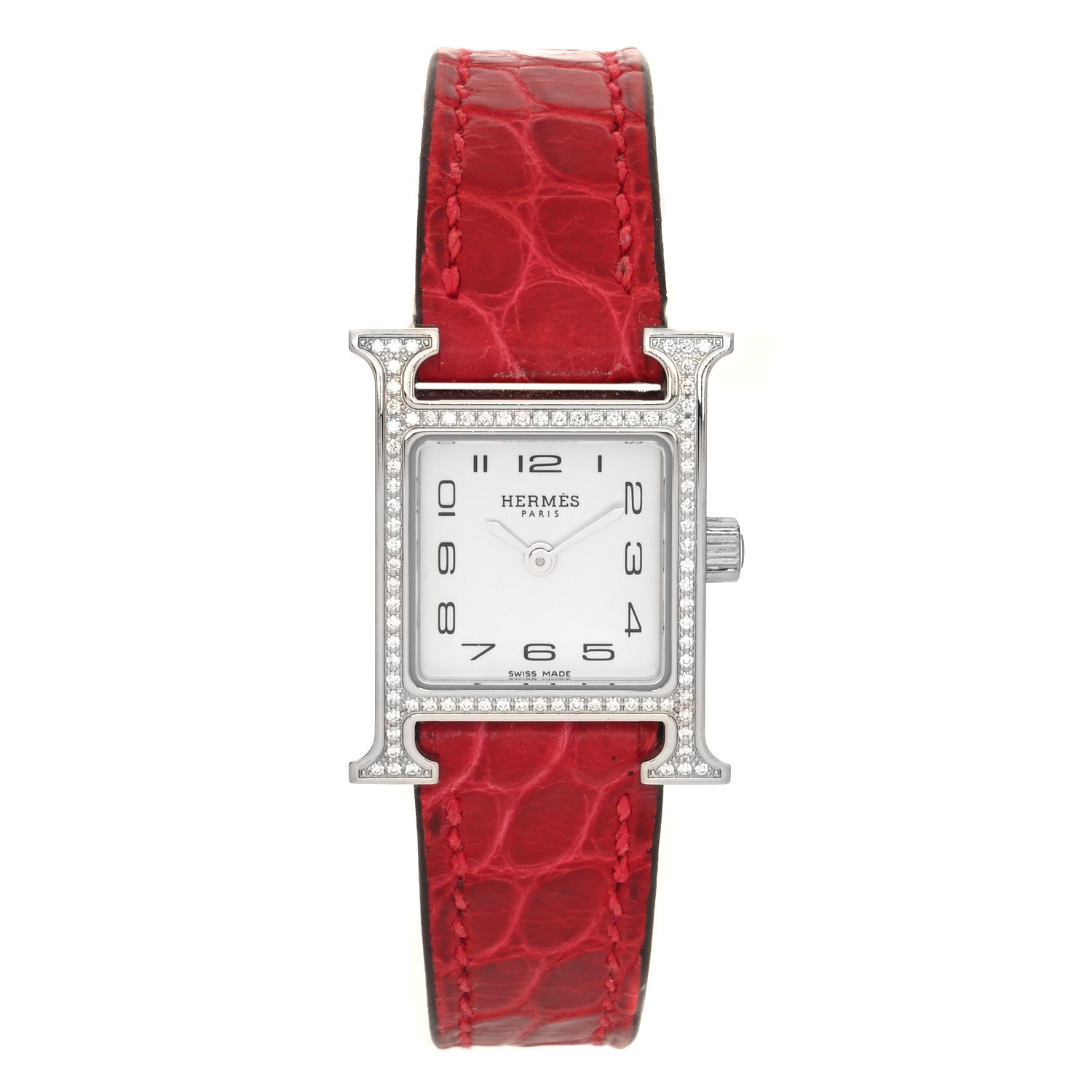Hermes Stainless Steel Alligator Diamond Bezel Mother of Pearl 17.2mm Heure H Hour Quartz Watch Braise 1 of 4