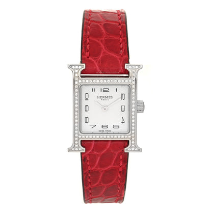 Hermes Stainless Steel Alligator Diamond Bezel Mother of Pearl 17.2mm Heure H Hour Quartz Watch Braise 1 of 4