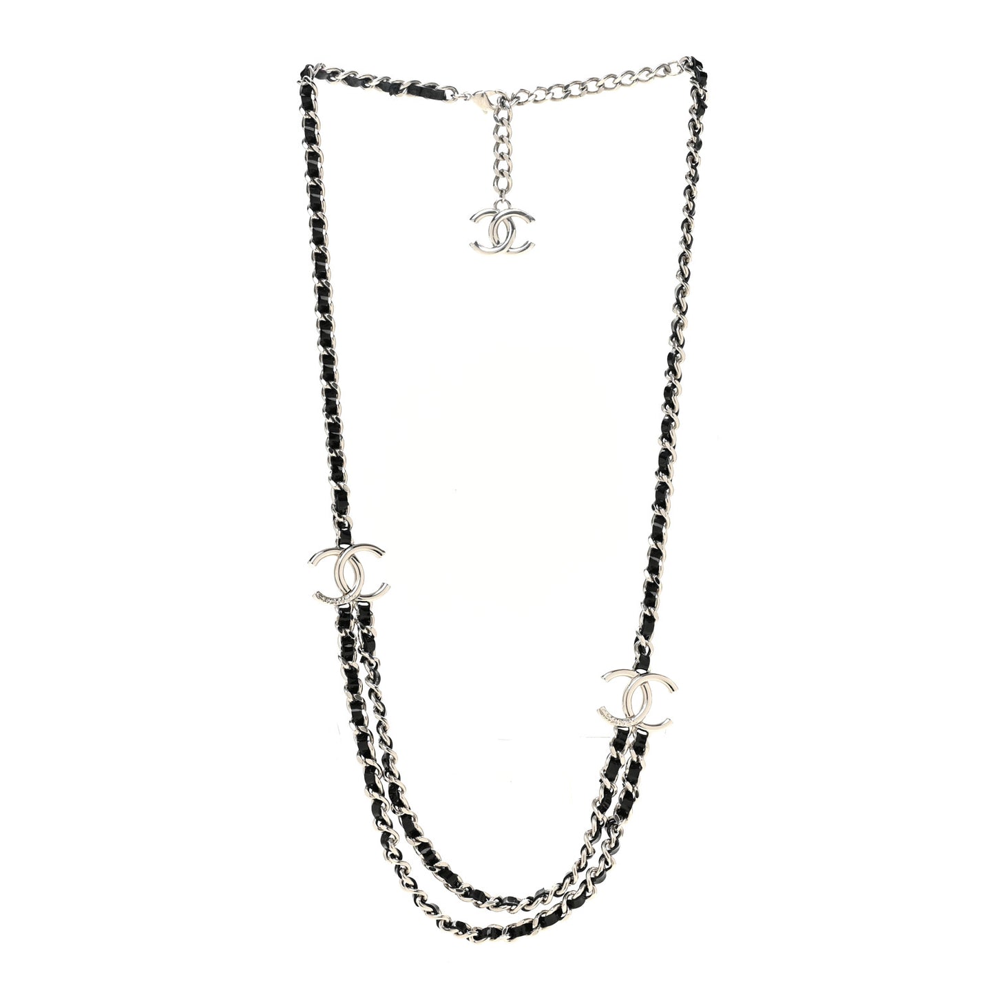 Metal Patent CC Double Chain Necklace Black Silver
