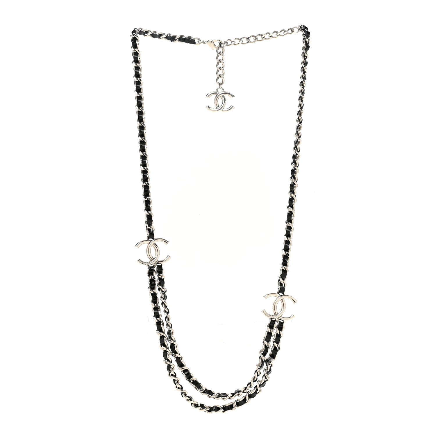 Chanel Metal Patent CC Double Chain Necklace Black Silver 3 of 6