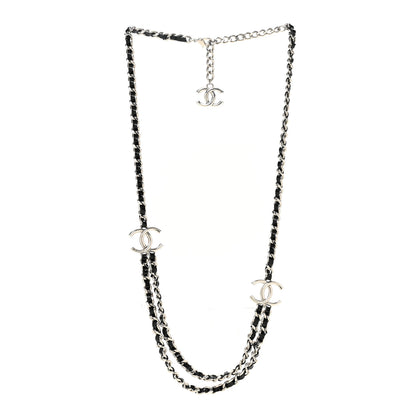 Chanel Metal Patent CC Double Chain Necklace Black Silver 3 of 6