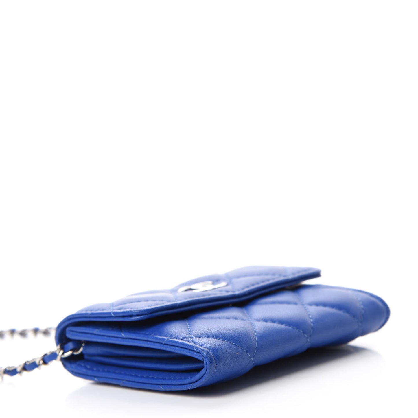 Lambskin Quilted Flap Card Holder On Chain Blue