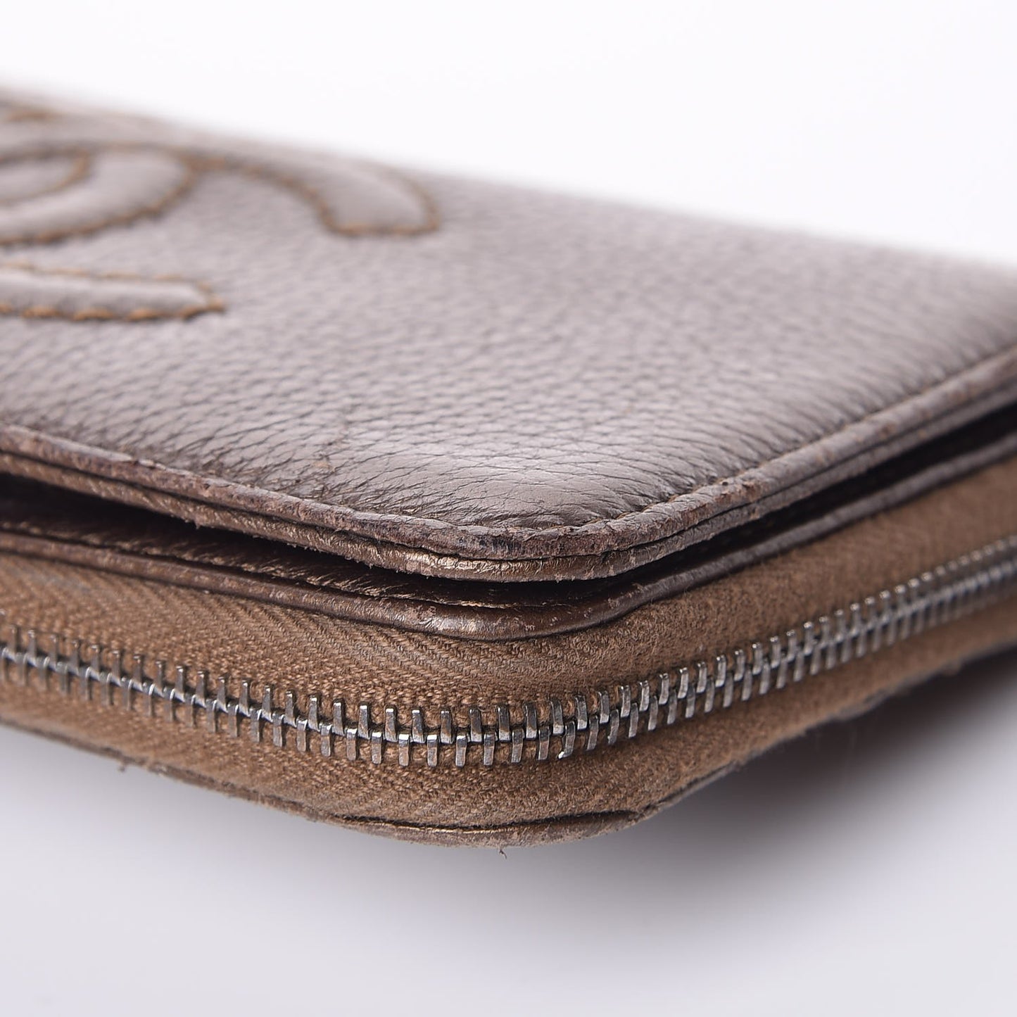 Metallic Calfskin Large Timeless Zip Around Wallet Brown