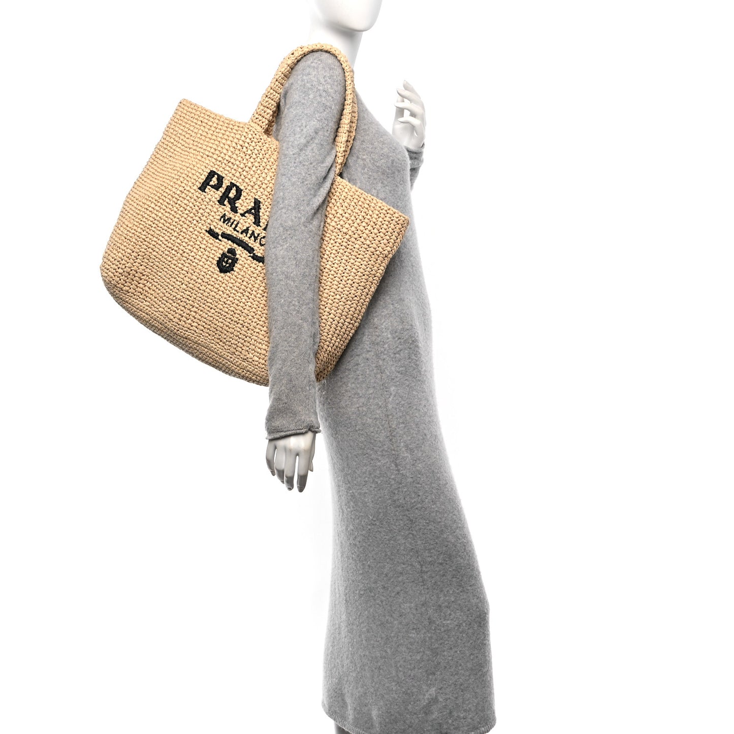 Yarn Raffia Effect Crochet Embroidered Logo Tote Naturale