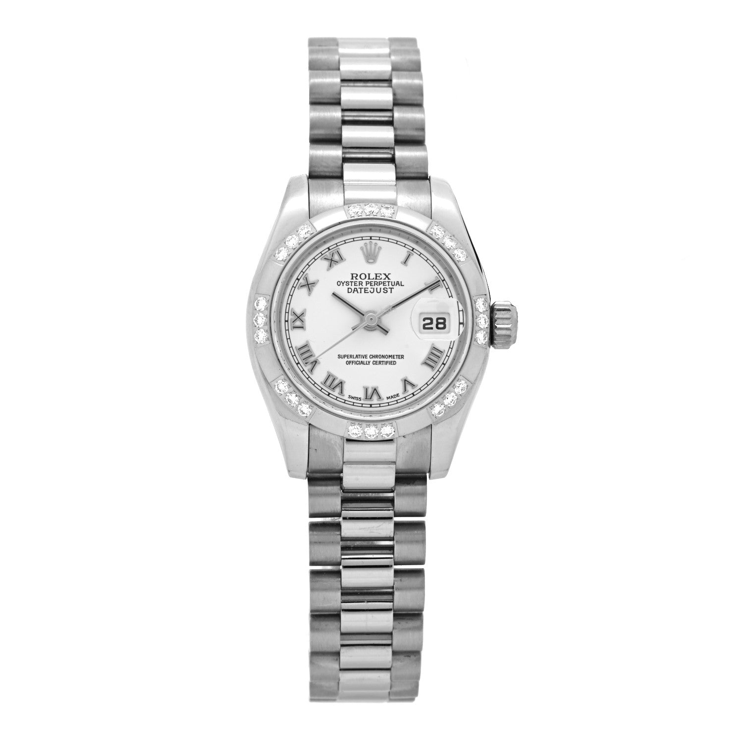 Rolex 18K White Gold Diamond 26mm Oyster Perpetual Datejust President Watch White Roman 179369 1 of 4