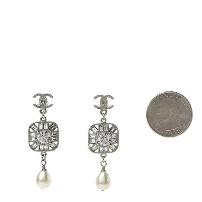 Chanel Pearl Crystal CC Square Drop Earrings Silver 2 of 5